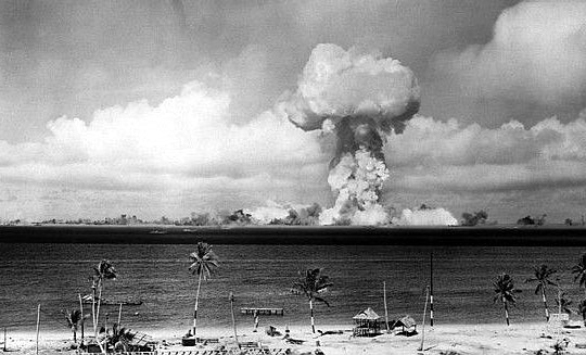 Able_crossroads.jpg - Crossroads Able, a 23-kiloton air-deployed nuclear weapon detonated on July 1, 1946. This bomb used, and consumed, the infamous Demon core that took the lives of two scientists in two separate criticality accidents.