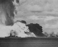 Crossroads_Baker_Base_Surge.jpg - As the spray column falls, a radioactive "base surge," like mist at the bottom of a waterfall, moves out toward the target ships. Foreground ship (left) is the 725-foot-long Japanese battleship Nagato.