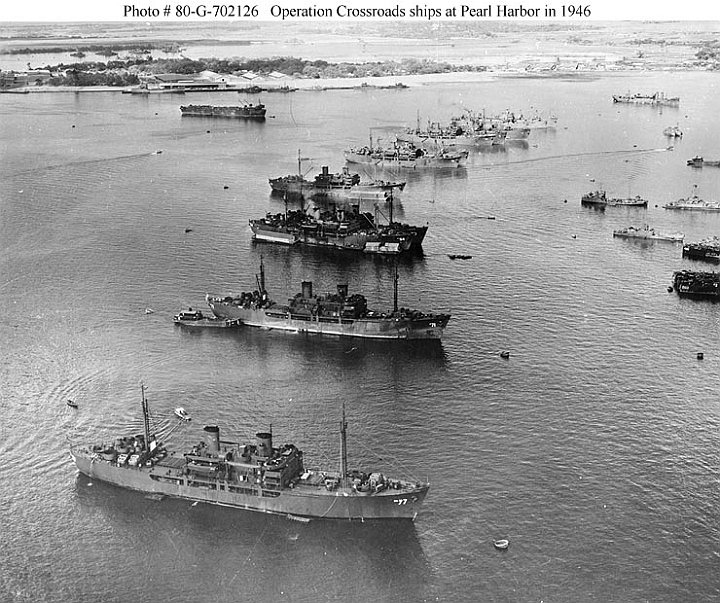 G702126.jpg - Prospective Operation Crossroads target ships and support ships at Pearl Harbor on February 27, 1946. Ships from front to rear: USS Crittenden (APA-77), Catron (APA-71), Bracken (APA-64), Burleson (APA-67), Gilliam (APA-57), Fallon (APA-81), unknown ship, Fillmore (APA-83), Kochab (AKS-6), Luna (AKS-7) and an unidentified tanker and liberty ship. On the right are LSM-203 and LSM-465. Further in the background are a floating drydock and a merchant ship hulk.