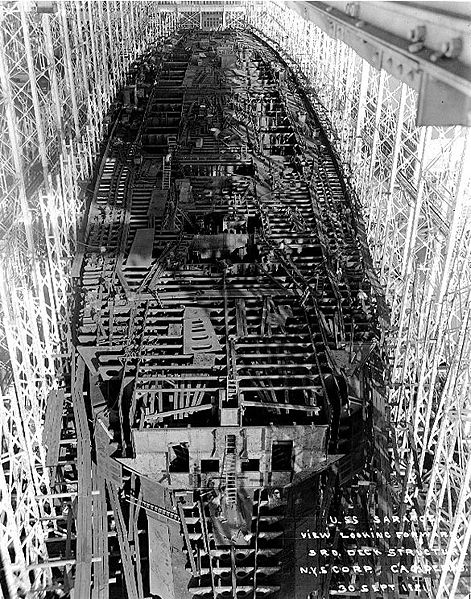 USS_Saratoga_CC-3_under_construction_1921.jpg - The battlecruiser USS Saratoga under construction, 1921. After being laid down as a battlecruiser she was converted to an aircraft carrier