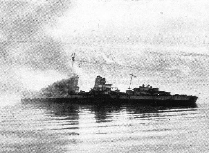 narvik4.jpg - This destroyer was sheltering in Narvik Bay. She was attacked by the British destroyers and is here seen drifting into Ofot Fiord.