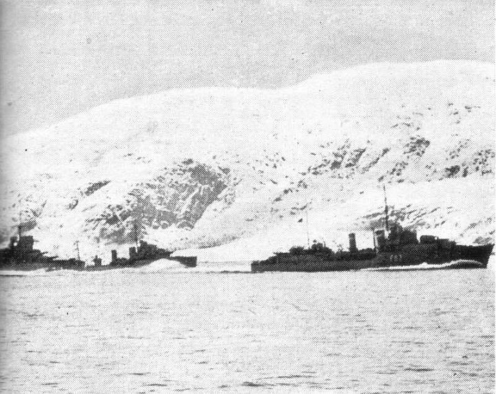 narvik9.jpg - With the entire force of seven German destroyers wiped out, the Warspite and destroyer screen steam out through the narrow exit of Ofot Fiord.