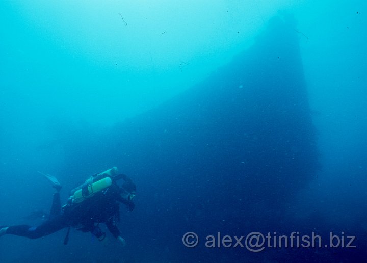 Bow.jpg - Divers swimming around the bow of the Gunboat